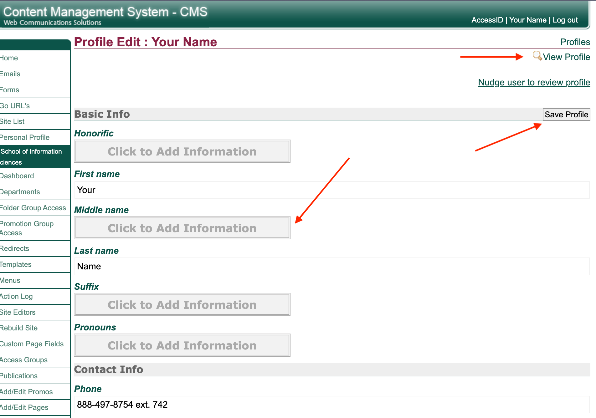 Screenshot of profile edit screen with arrows showing the edit fields, save and view profile options